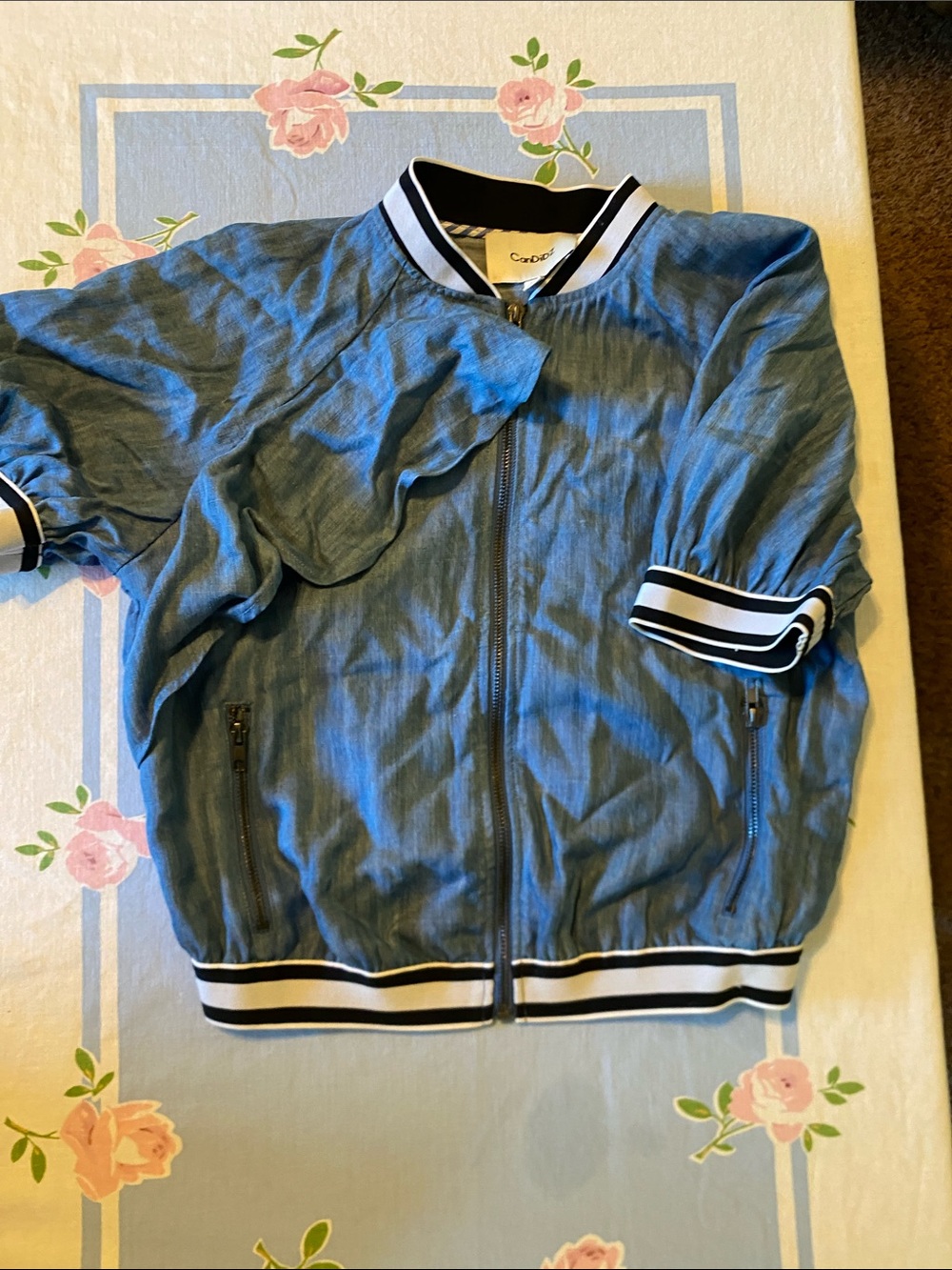 Blue Denim-Style Women's Bomber Jacket with Stripe Trim